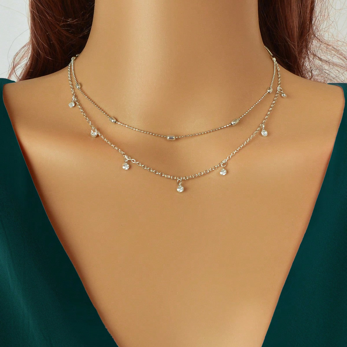 Sparkling Diamond Pendant Double Layer Silver Necklace Elegant