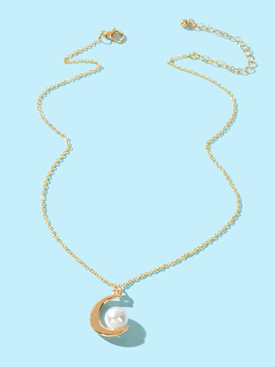 Elegant Imitation Pearl Decor Gold Chain Moon Pendant Necklace Dinner