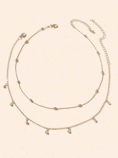 Sparkling Diamond Pendant Double Layer Silver Necklace Elegant