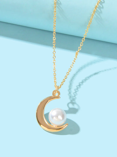 Elegant Imitation Pearl Decor Gold Chain Moon Pendant Necklace Dinner