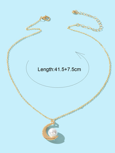 Elegant Imitation Pearl Decor Gold Chain Moon Pendant Necklace Dinner