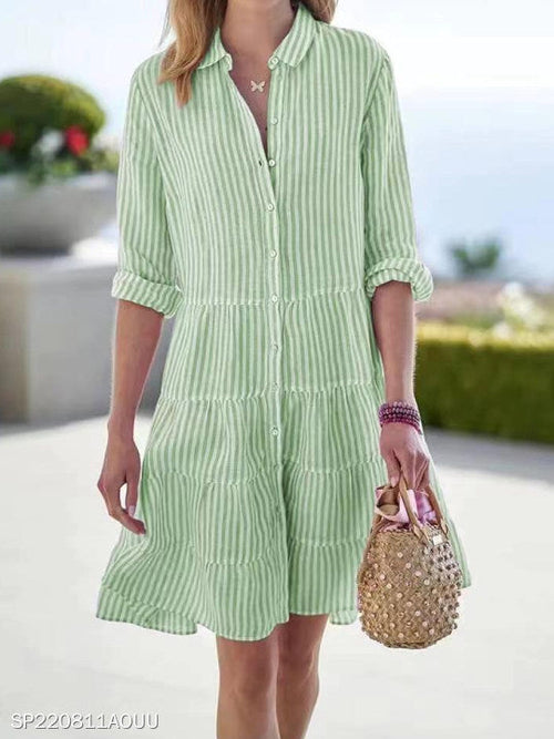 Ins Striped Long-sleeved Shirt Dress Fashion Lapel Button Dresses For