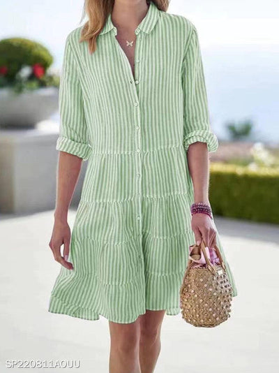 Ins Striped Long-sleeved Shirt Dress Fashion Lapel Button Dresses For
