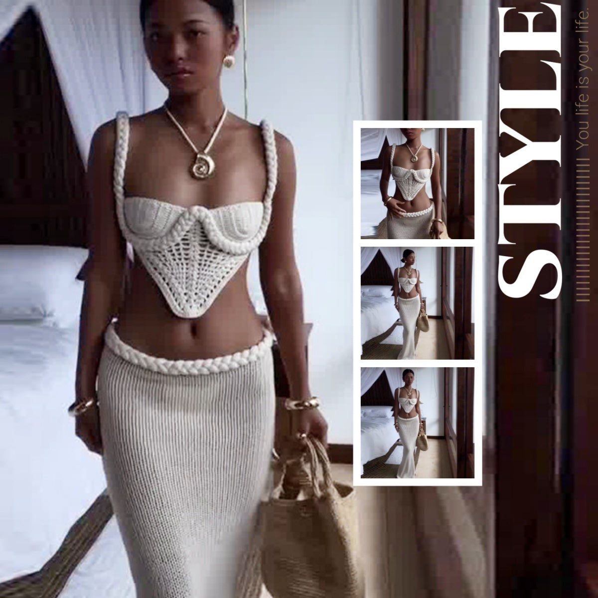 Y2K Crochet Knit 2 Piece Skirt Set Women's Square Collar Camisole Hip