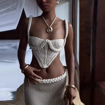 Y2K Crochet Knit 2 Piece Skirt Set Women's Square Collar Camisole Hip