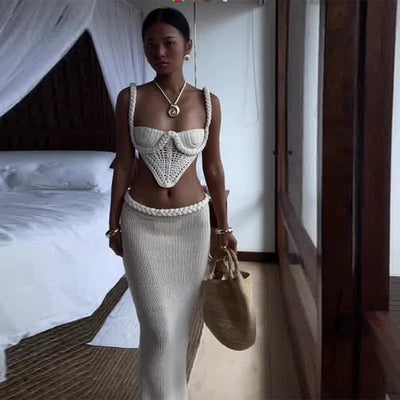 Y2K Crochet Knit 2 Piece Skirt Set Women's Square Collar Camisole Hip