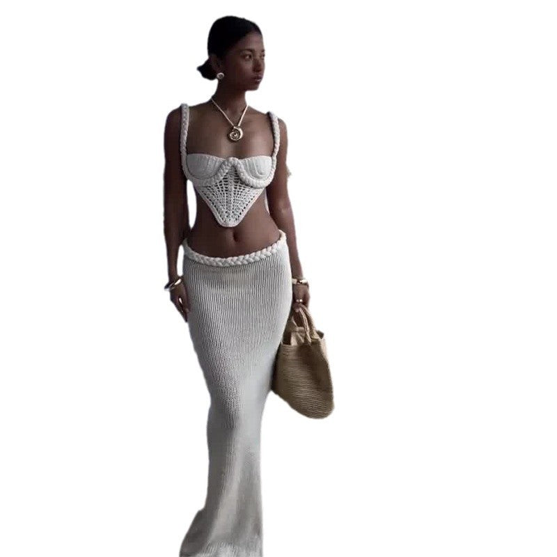 Y2K Crochet Knit 2 Piece Skirt Set Women's Square Collar Camisole Hip
