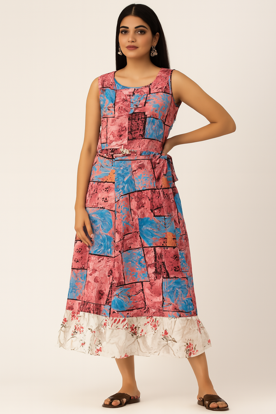 Dress For Women, Pink & Blue (Size-M)