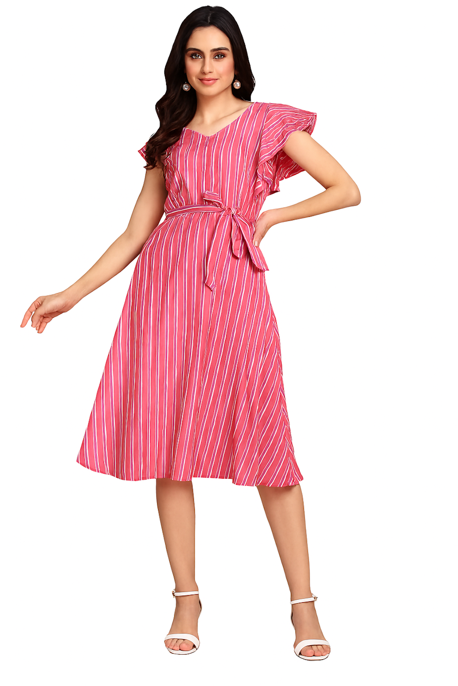 Pink Striped Fit & Flare Dress with Waist Tie-Up  (Size-L)