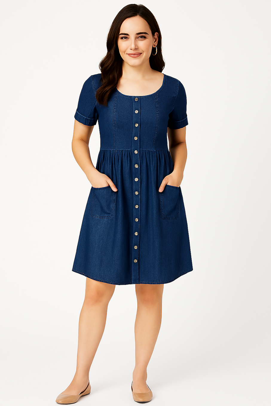 Denim Fit & Flare Dress with Front Buttons & Pockets  (Size-M)